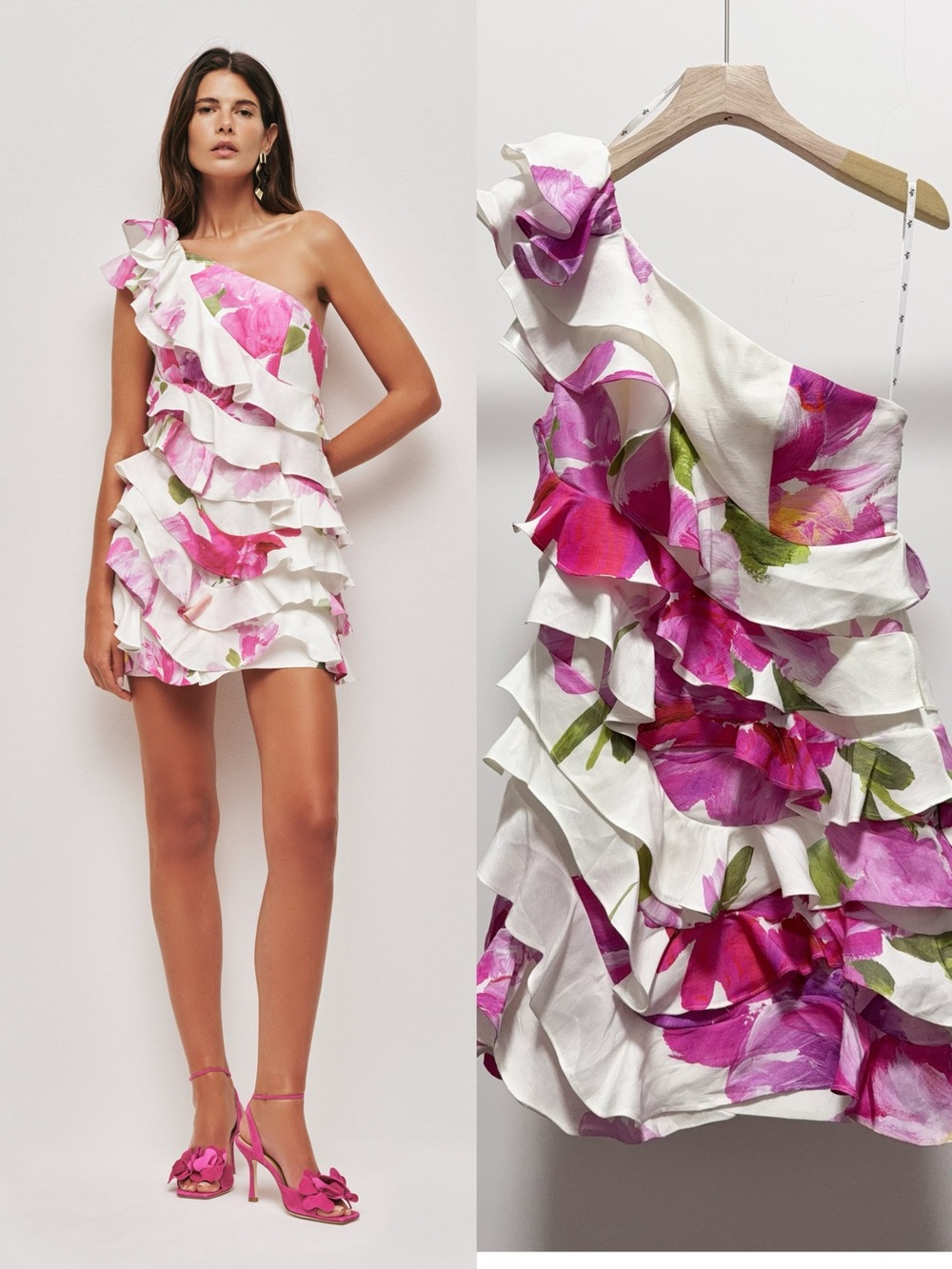 AJE ARLEY MINI DRESS One-Shoulder Pink Floral Ruffle, US6